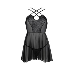 CAMISA DE NOITE E TANGA SELAGINELLA PRETO ECO COLLECTION PASSION